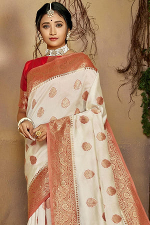 Cream And Red Colour Kanjivaram Saree