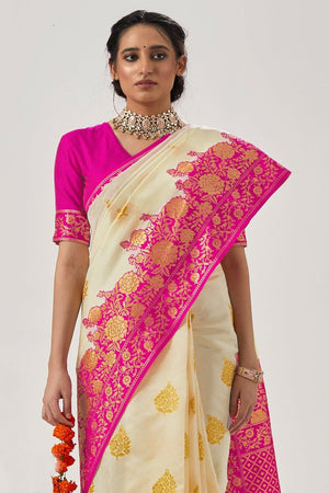 Creamy Pink Woven Kanjivaram Saree