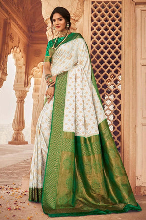 Daisy White Kanjivaram Fusion Saree