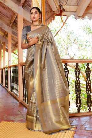 Ash color pattu saree | Bridal saree, Bridal silk saree, Elegant saree