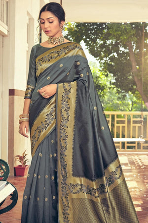 Kanjivaram Saree Floral Border Iron Grey Kanjivaram Saree saree online