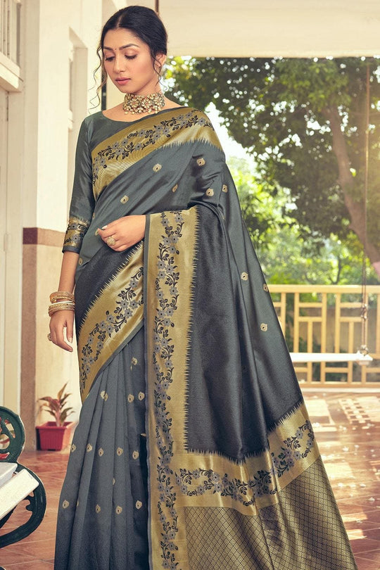 Kanjivaram Saree Floral Border Iron Grey Kanjivaram Saree saree online