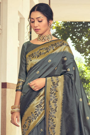 Floral Border Iron Grey Kanjivaram Saree