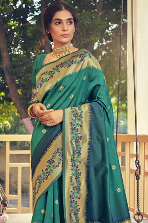 Floral Border Ocean Blue Kanjivaram Saree