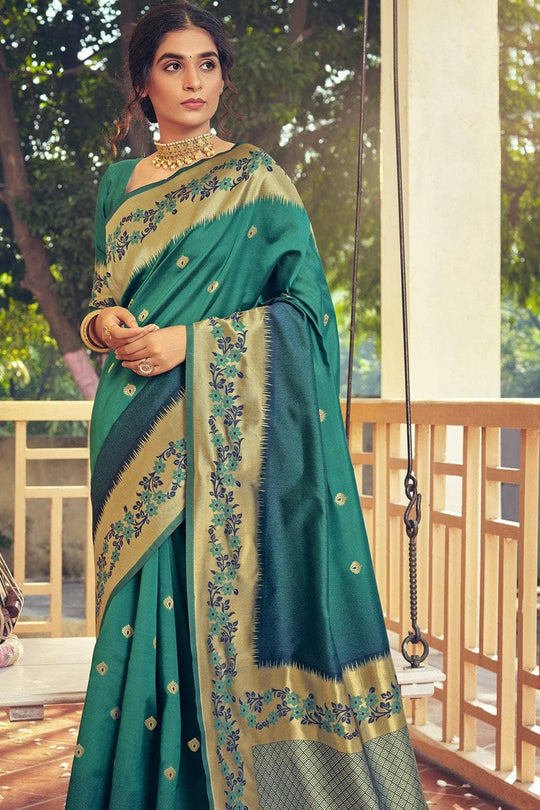 Kanjivaram Saree Floral Border Ocean Blue Kanjivaram Saree saree online