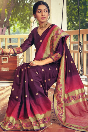 Floral Border Raisin Purple Kanjivaram Saree