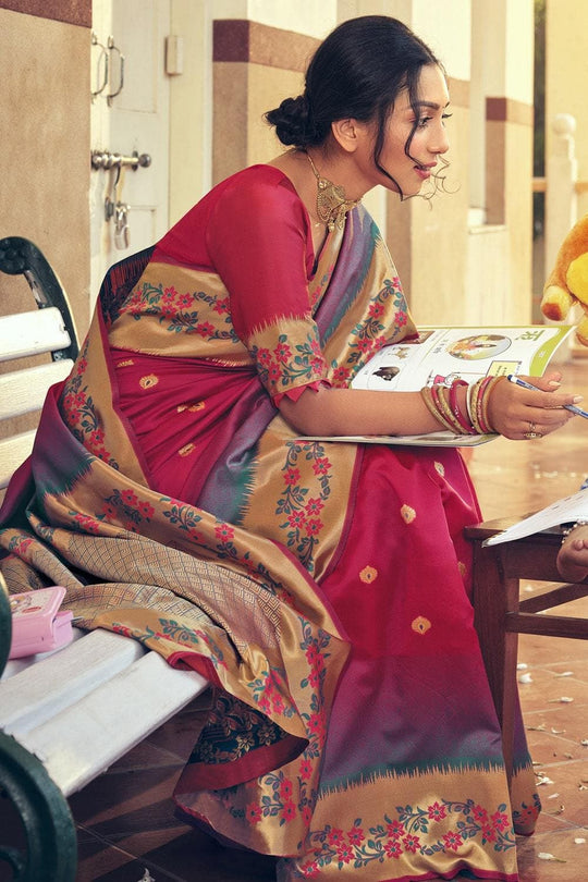 Kanjivaram Saree Floral Border Raspberry Red Kanjivaram Saree saree online