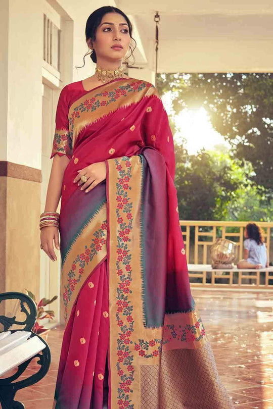 Kanjivaram Saree Floral Border Raspberry Red Kanjivaram Saree saree online