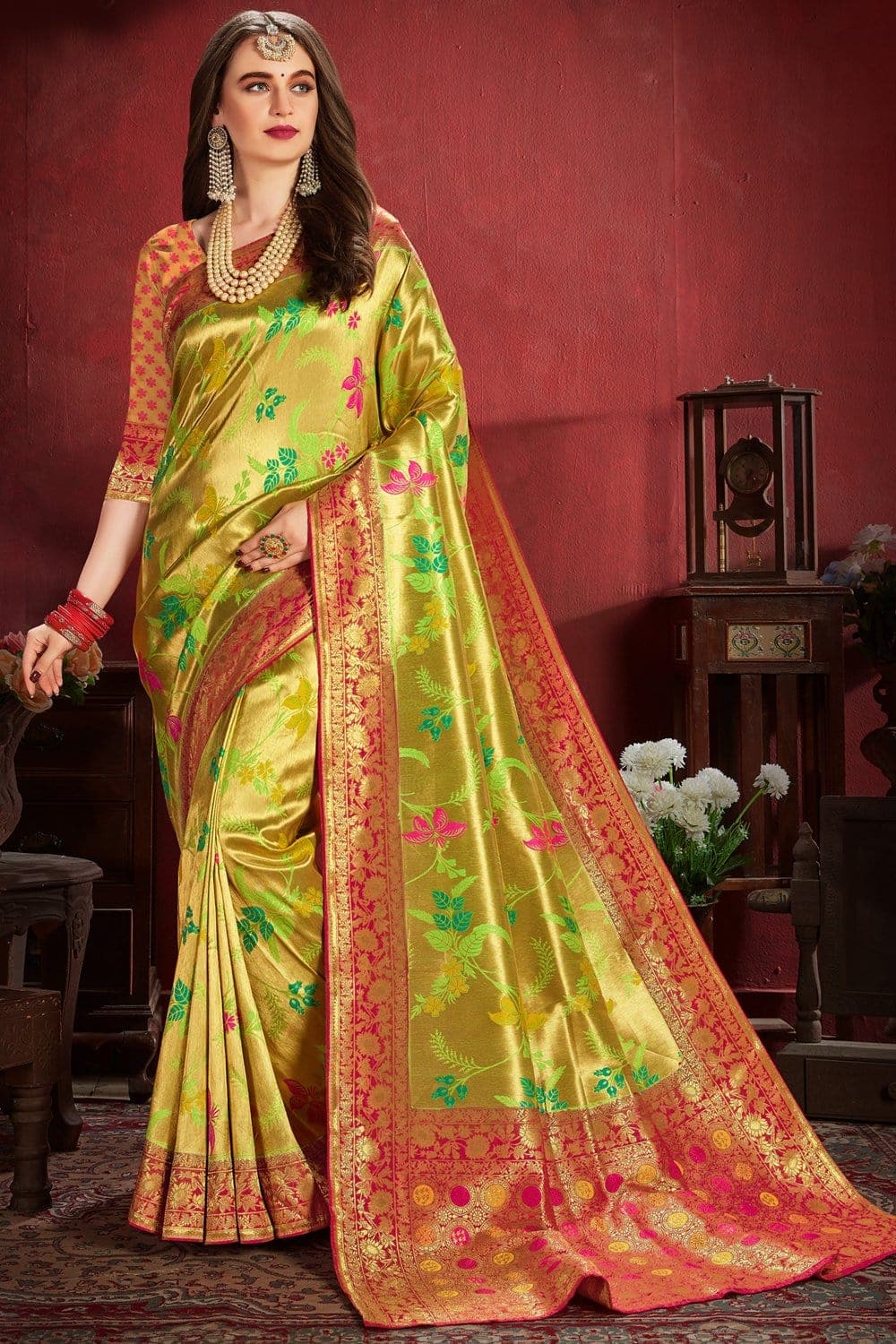 Greenish golden woven tissue kanjivaram saree - Special wedding edition - Buy online on Karagiri - Free shipping to USA