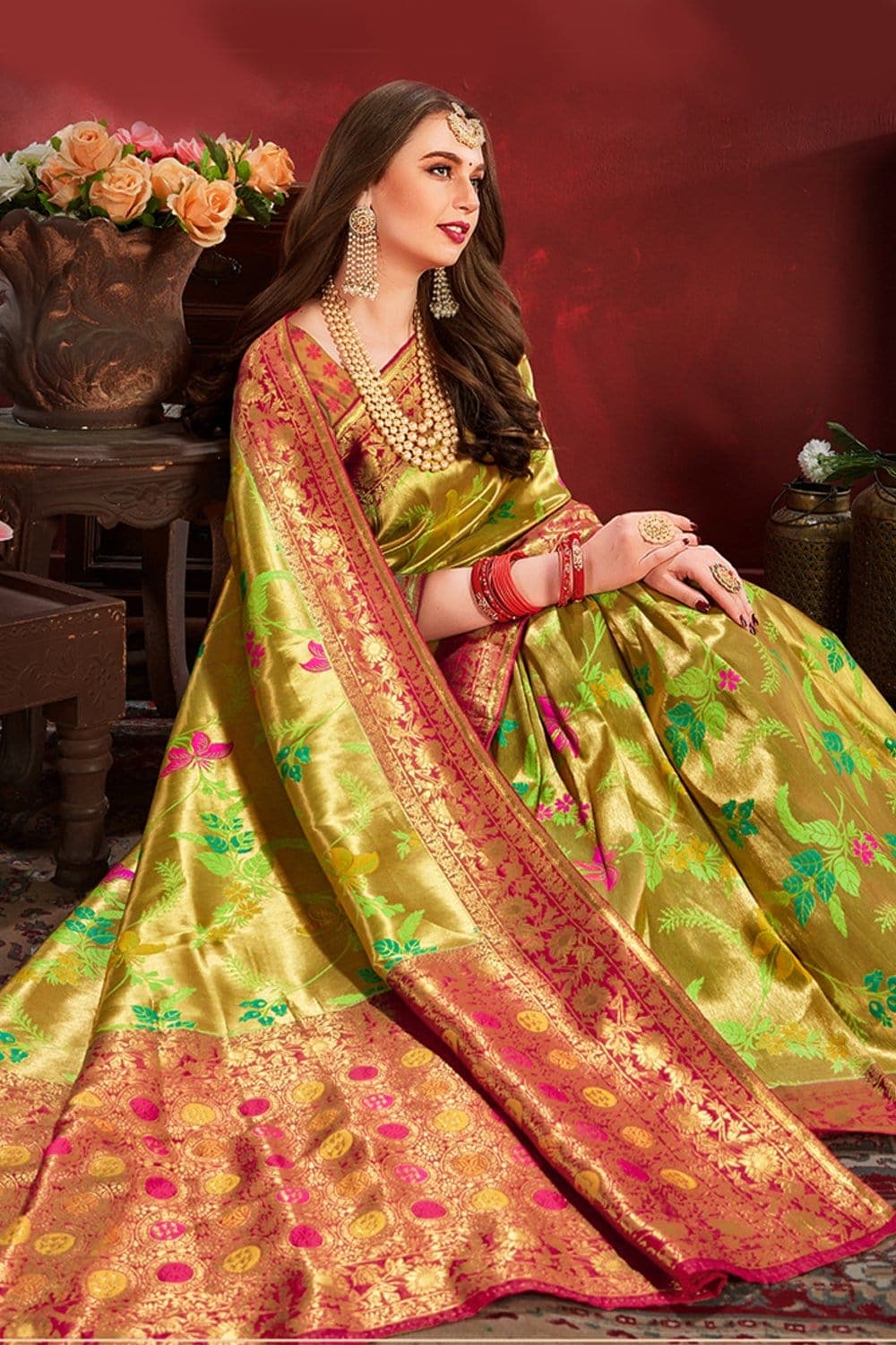 Greenish golden woven tissue kanjivaram saree - Special wedding edition - Buy online on Karagiri - Free shipping to USA