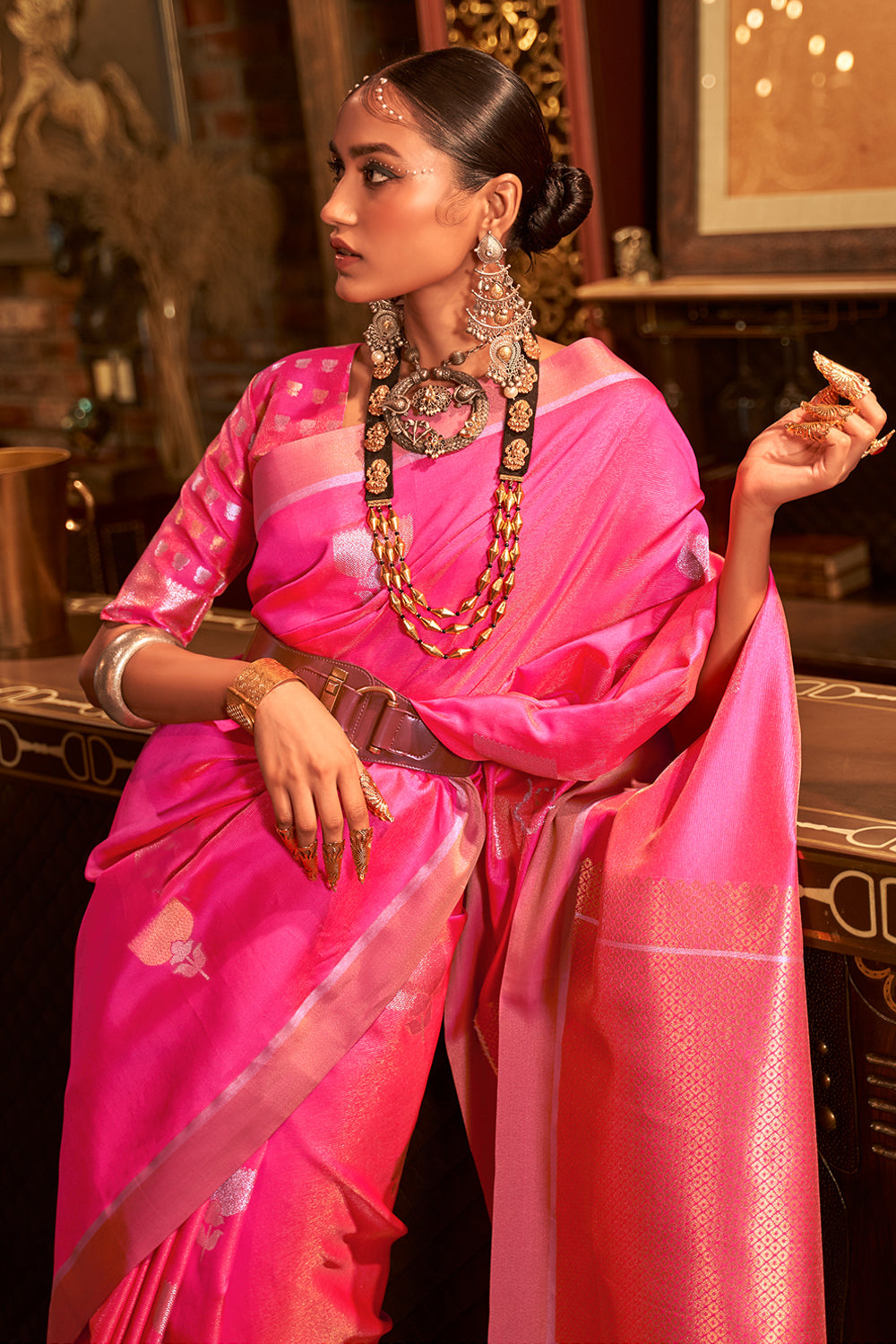 Buy Hot Pink Kanjivaram Saree online Karagiri