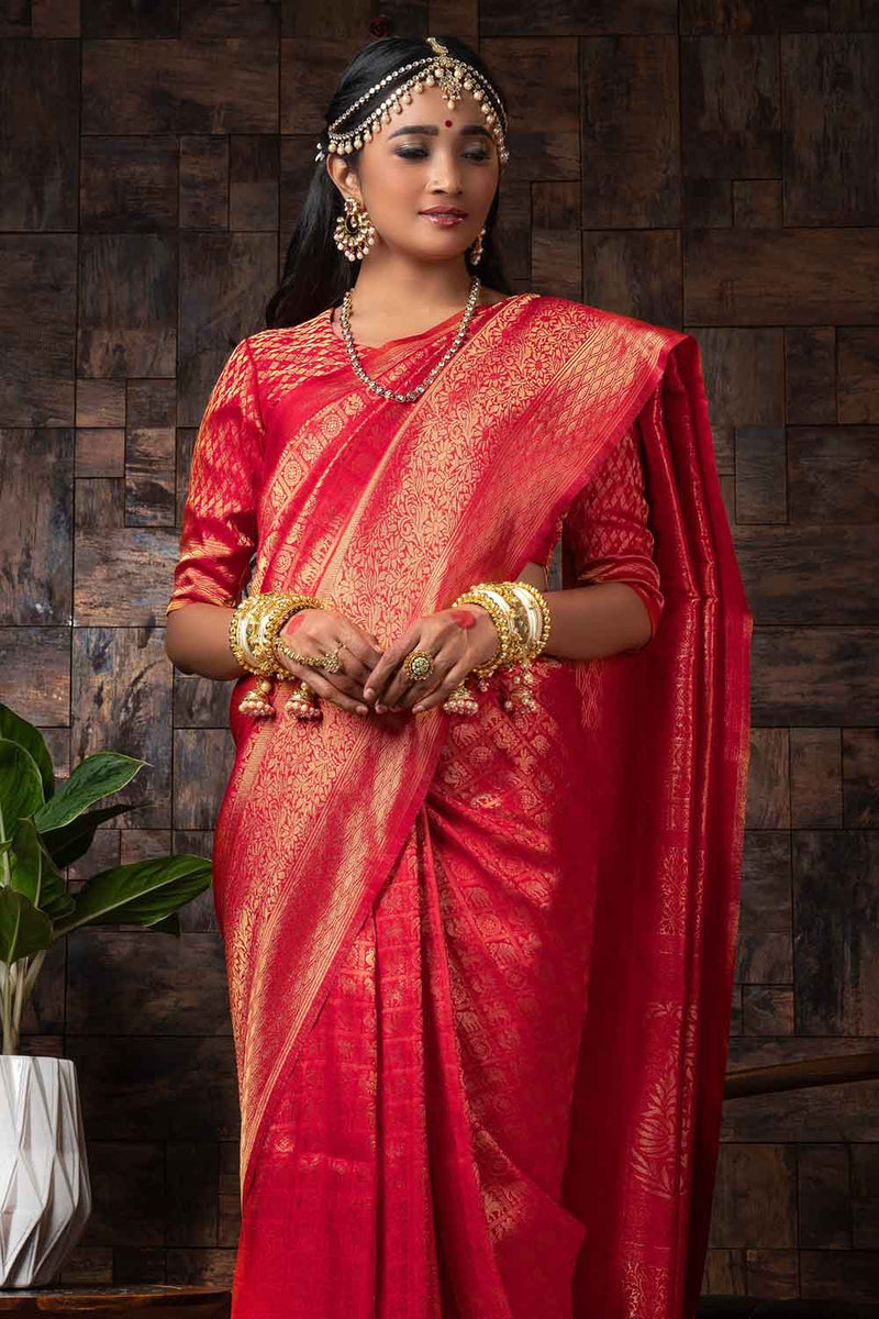 Buy the elegant Red Zari Work Kanjivaram Saree online-Karagiri