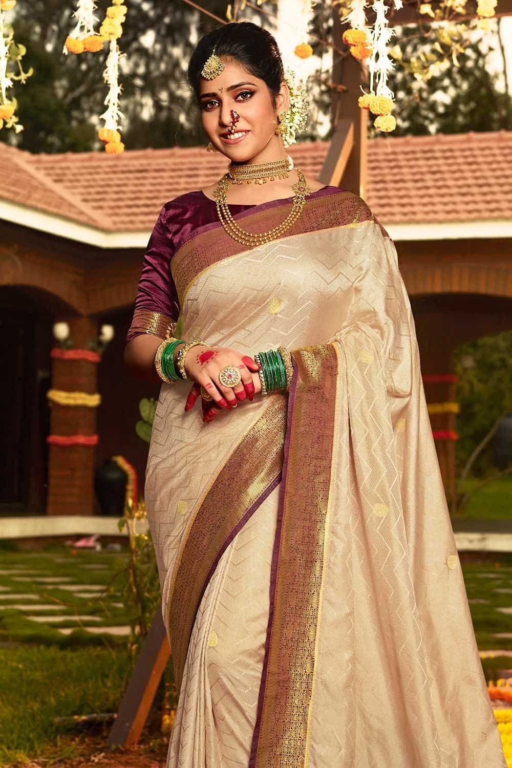 Buy JAYANTI REDDY Beige Silk Saree With Embroidered Blouse Online | Aza  Fashions