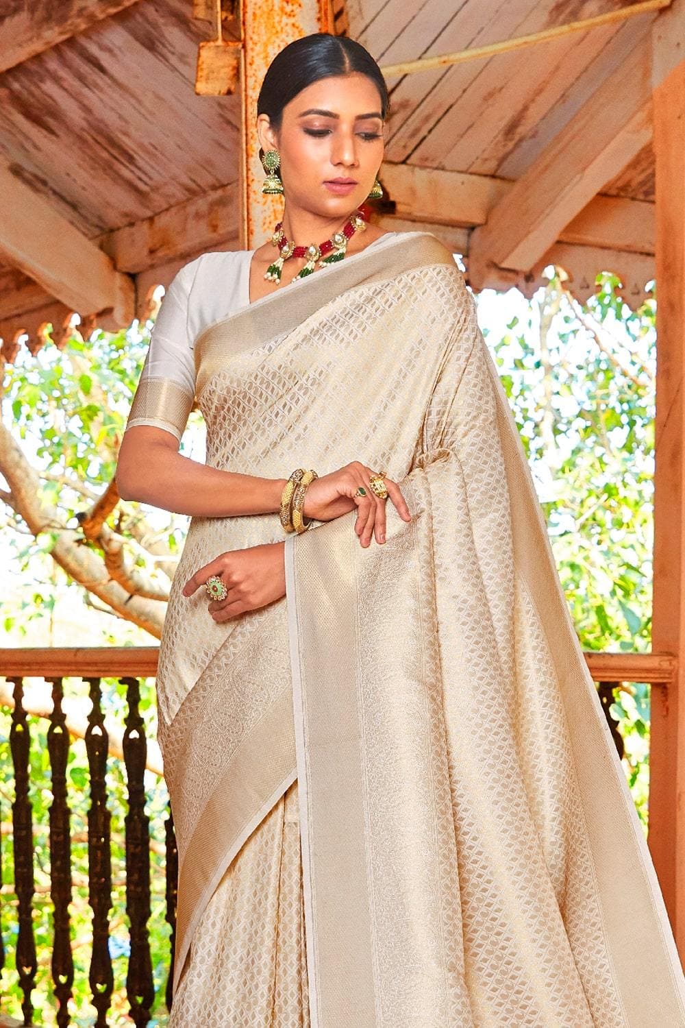PREORDER: Off white banarasi katan silk saree with zari motifs / SILK