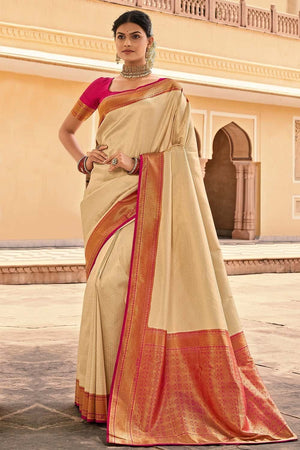 Leamington Cream Beige Kanjivaram Saree