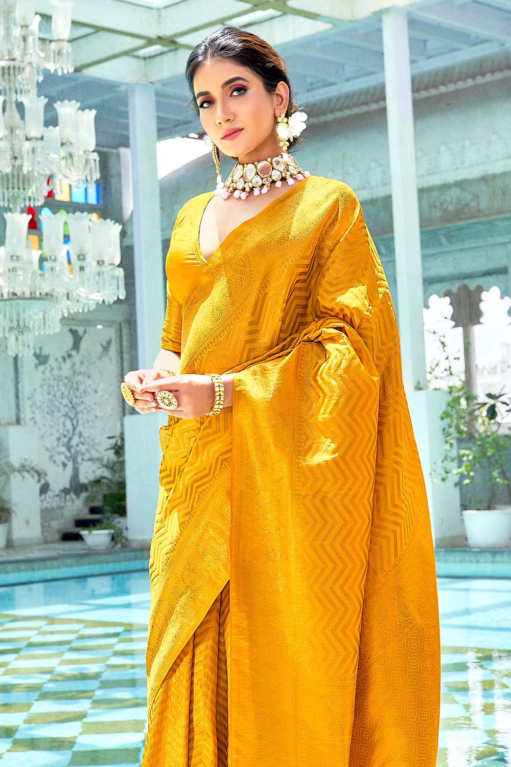 Trendy Traditional Fashion Mustard Yellow Silk Jacquard Saree