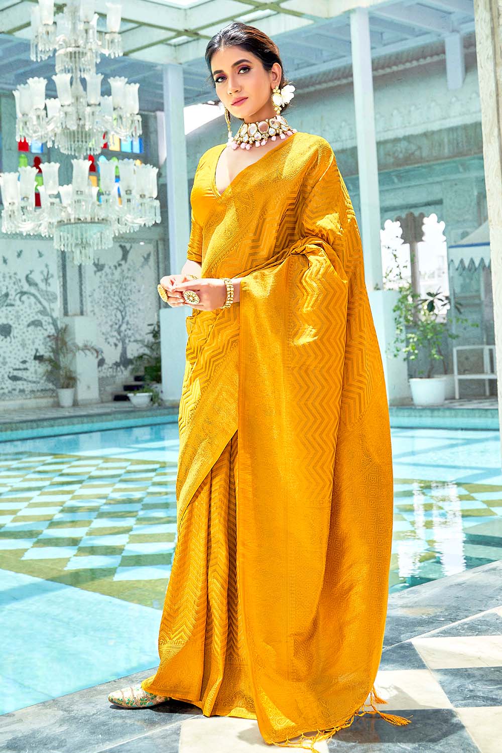 Kanchipuram Silk Mustard Yellow Saree|SARV148358