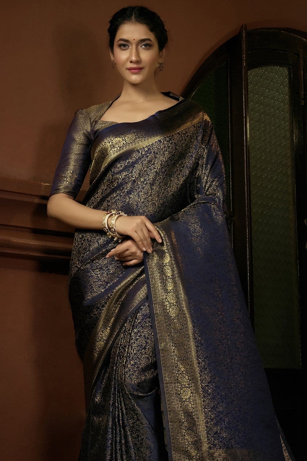 Buy Navy Blue Kanjivaram Saree online Karagiri