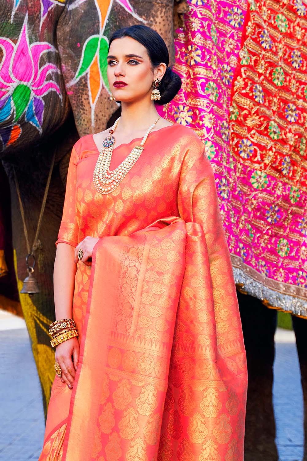 Buy the elegant Orange Gold Woven Kanjivaram Saree - Karagiri