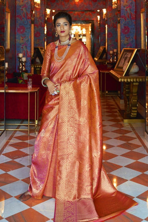 Orange Pink Kanjivaram Silk Saree With Blouse Piece