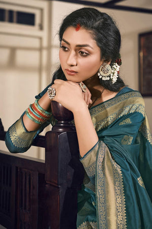 Peacock Blue Flower Butta Design Kanjivaram Saree
