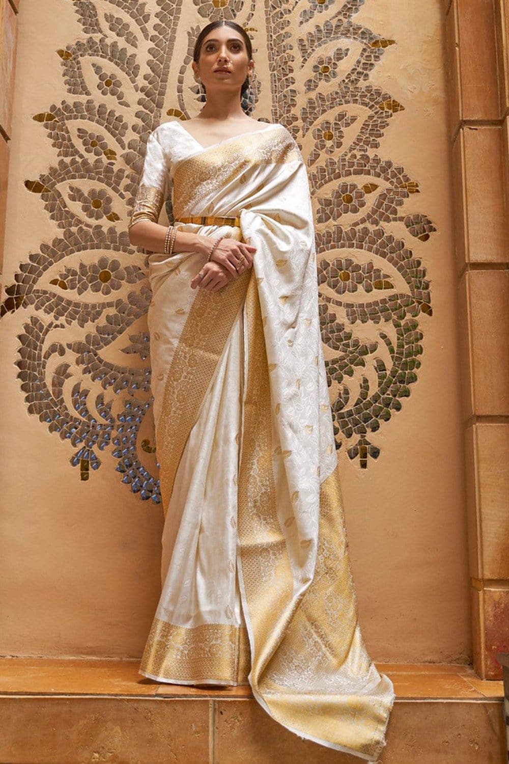Golden Off White Woven Kanjivaram Saree – MySilkLove