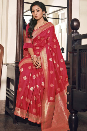 Raspberry Red Flower Butta Design Kanjivaram Saree