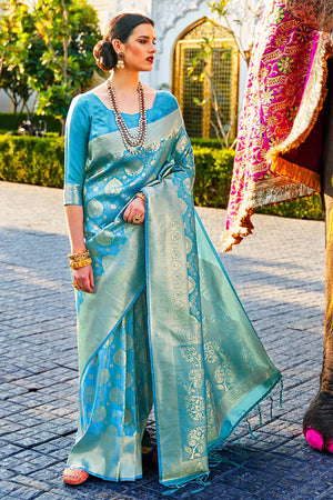 Sky Blue Woven Kanjivaram Saree - Special Wedding Edition