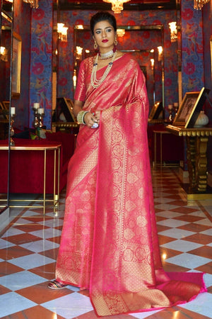 kanjivaram saree sonu kakkar in punch pink handcrafted kanjivaram saree silk saree online