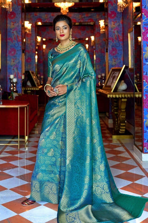 Steel Blue Kanjivaram Silk Saree With Blouse Piece