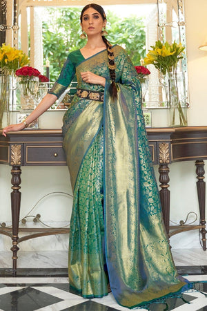 Teal Blue Kanjivaram Saree Saree With Blouse Piece