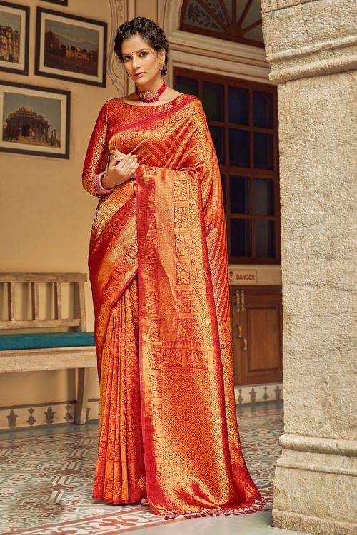 Red Weaved Saree - Buy Banarasi Golden Silk Saree At Online