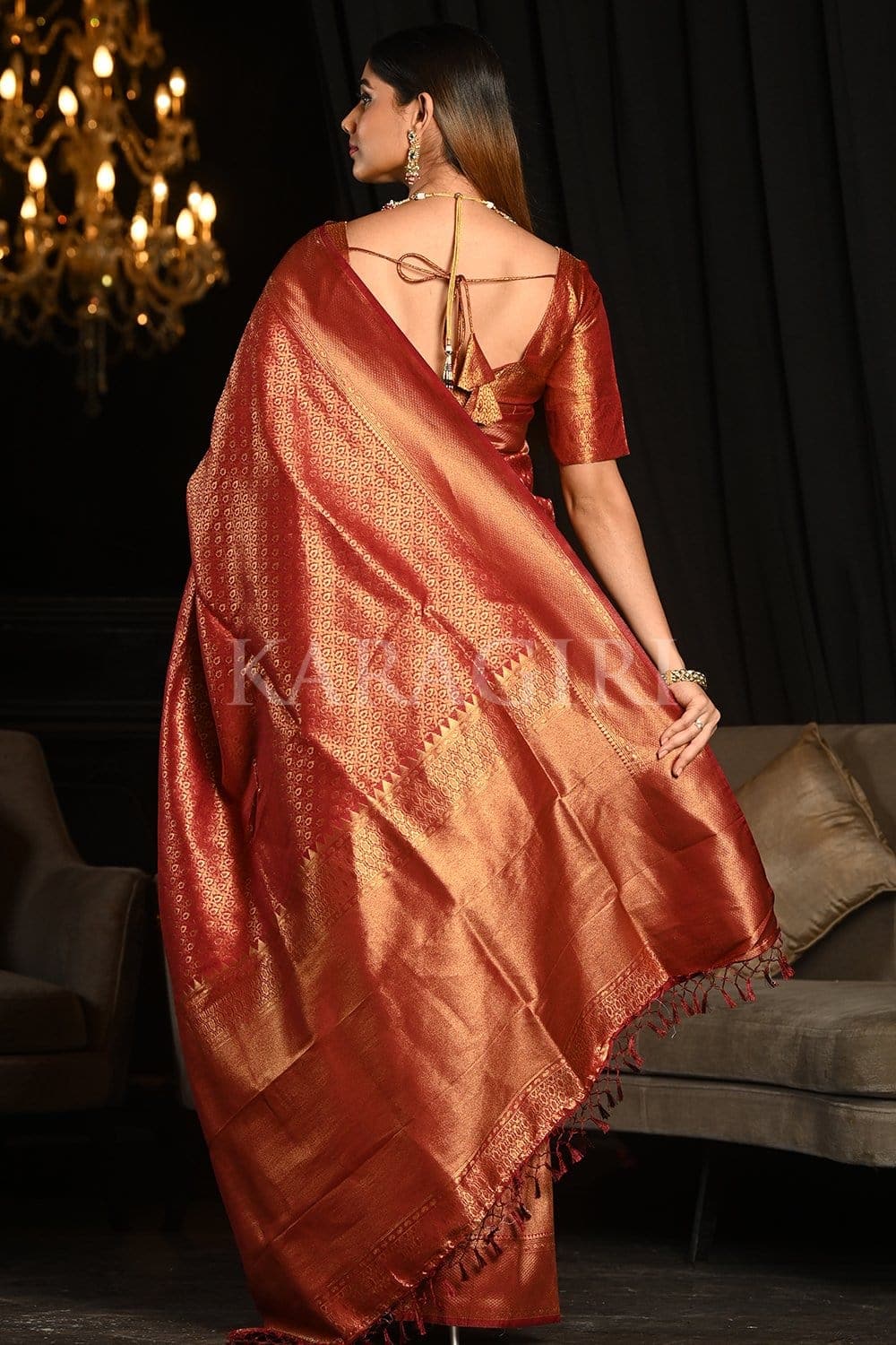 Wine colour katki silk saree with heavy border and brocade blouse