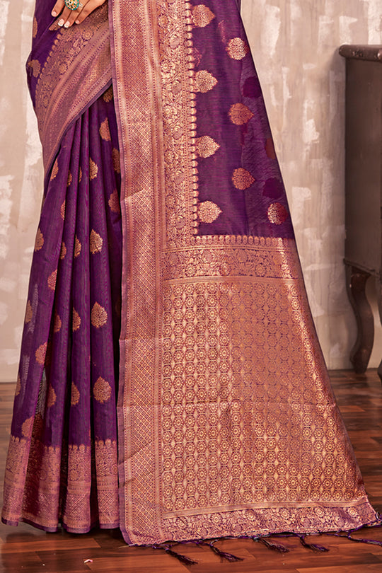 Blueberry Violet Cotton Silk Saree