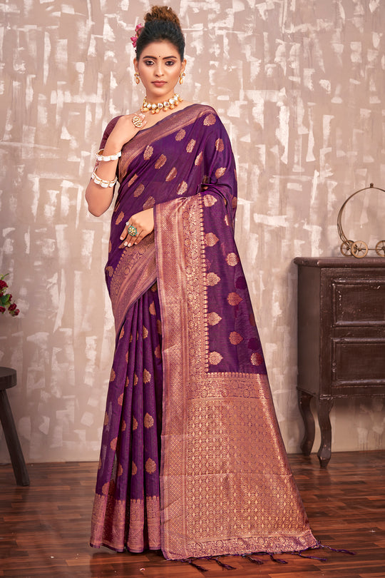 Blueberry Violet Cotton Silk Saree