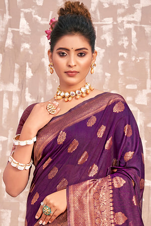 Blueberry Violet Cotton Silk Saree
