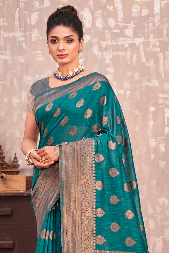 Ocean Blue Cotton Silk Saree