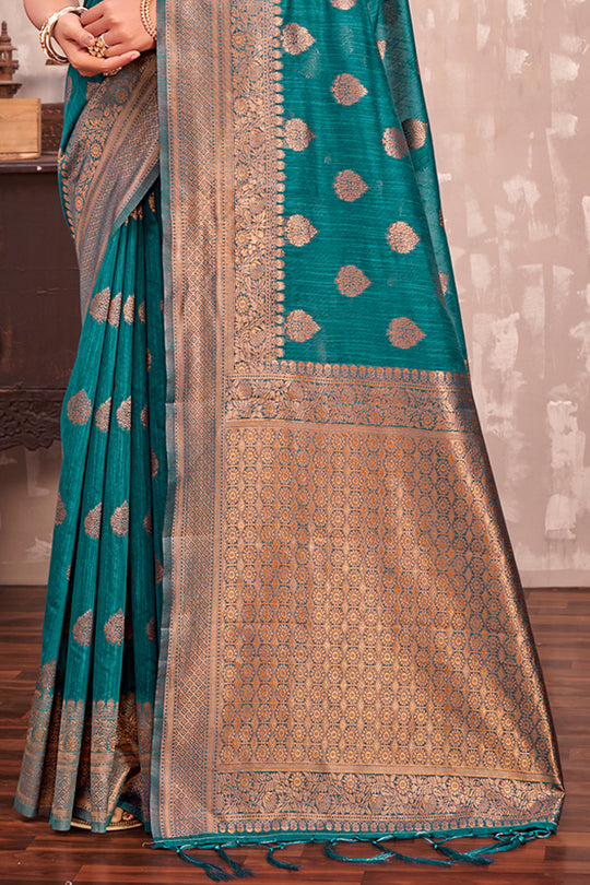 Ocean Blue Cotton Silk Saree
