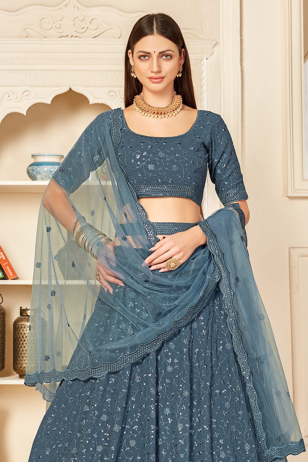 Buy French Blue Lehenga Choli online Karagiri