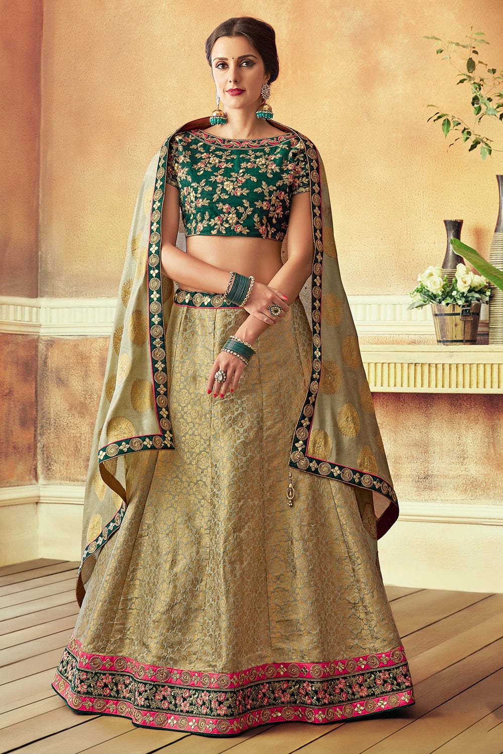 Green Zari Work Banarasi Silk Lehenga Choli - Gajiwala