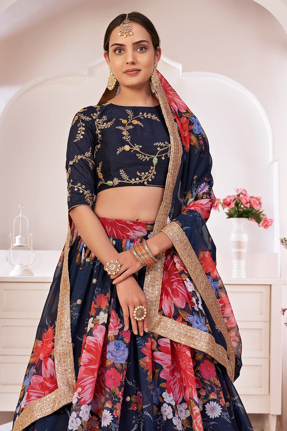 Buy Royal Blue Real Mirror Work Banglory Silk Wedding Lehenga Choli Online  from EthnicPlus for ₹2049