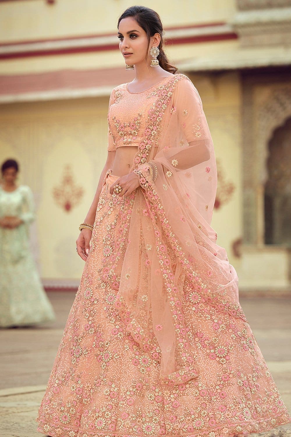 Organza Embroidered Peach Wedding Lehenga Choli with Dupatta - LC4714