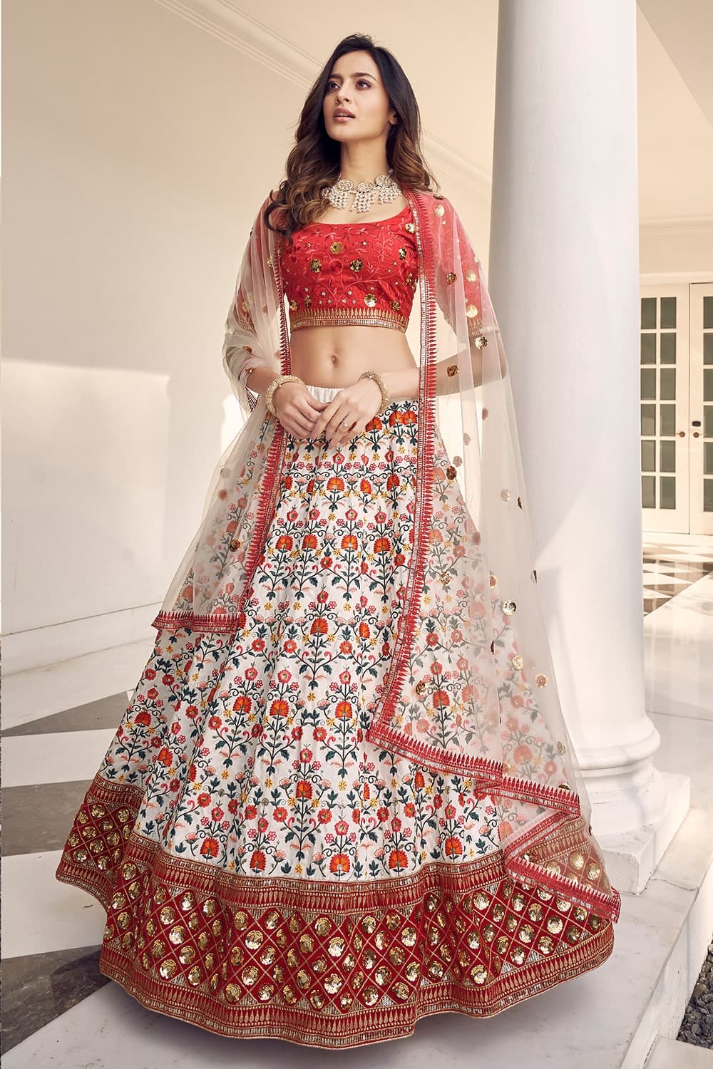 Red And White Lehenga Choli in Net with Embroidery