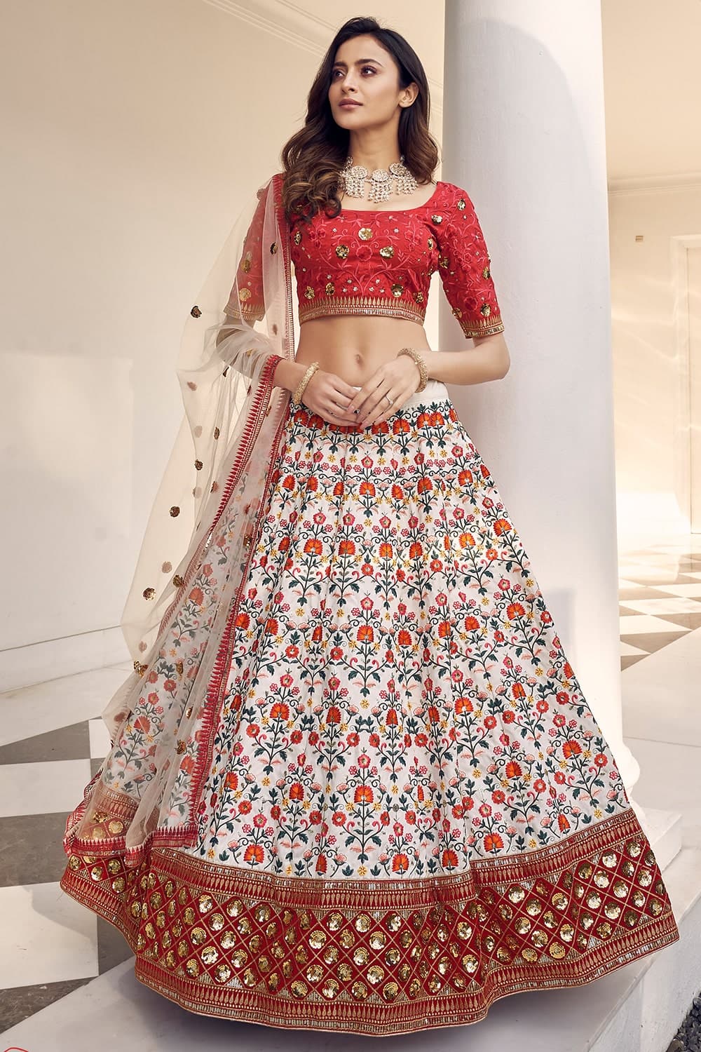 Buy Online White Embroidered Lehenga with Multicolor Border and Dupatta –  Pure Elegance