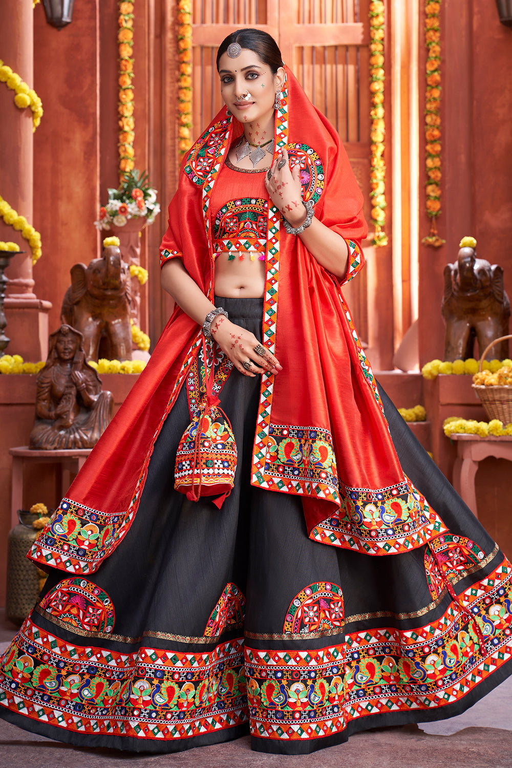 Buy Tremendous Black & Red Banglori Silk With Embroidered Work Online Lehenga  Choli Design | Lehenga-Saree