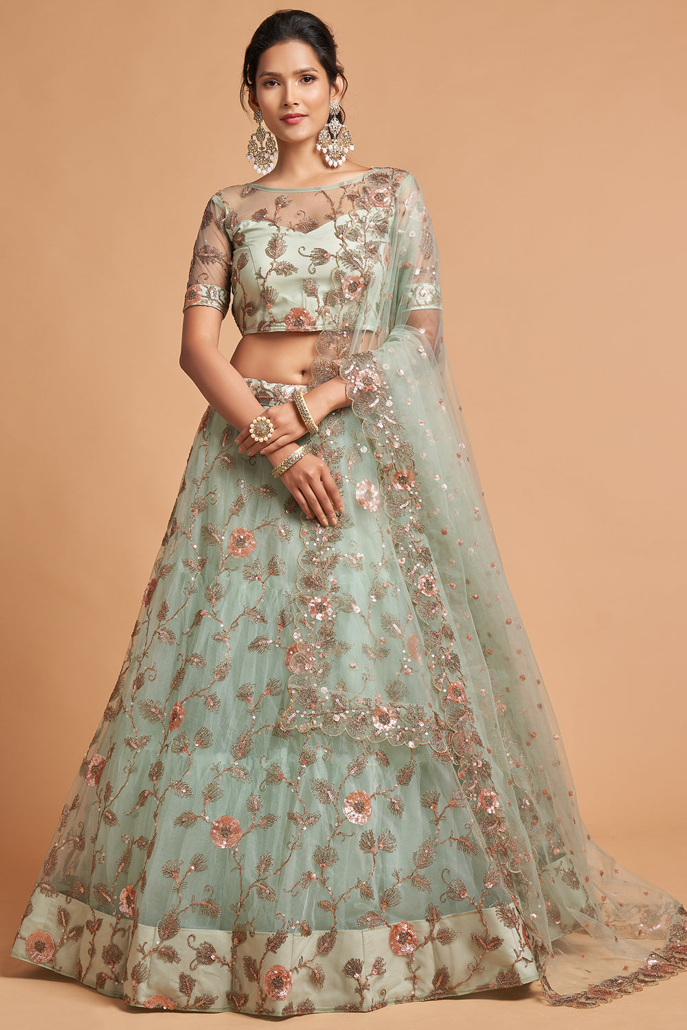 Sea green and lemon yellow silk handworked lehenga set – Threads