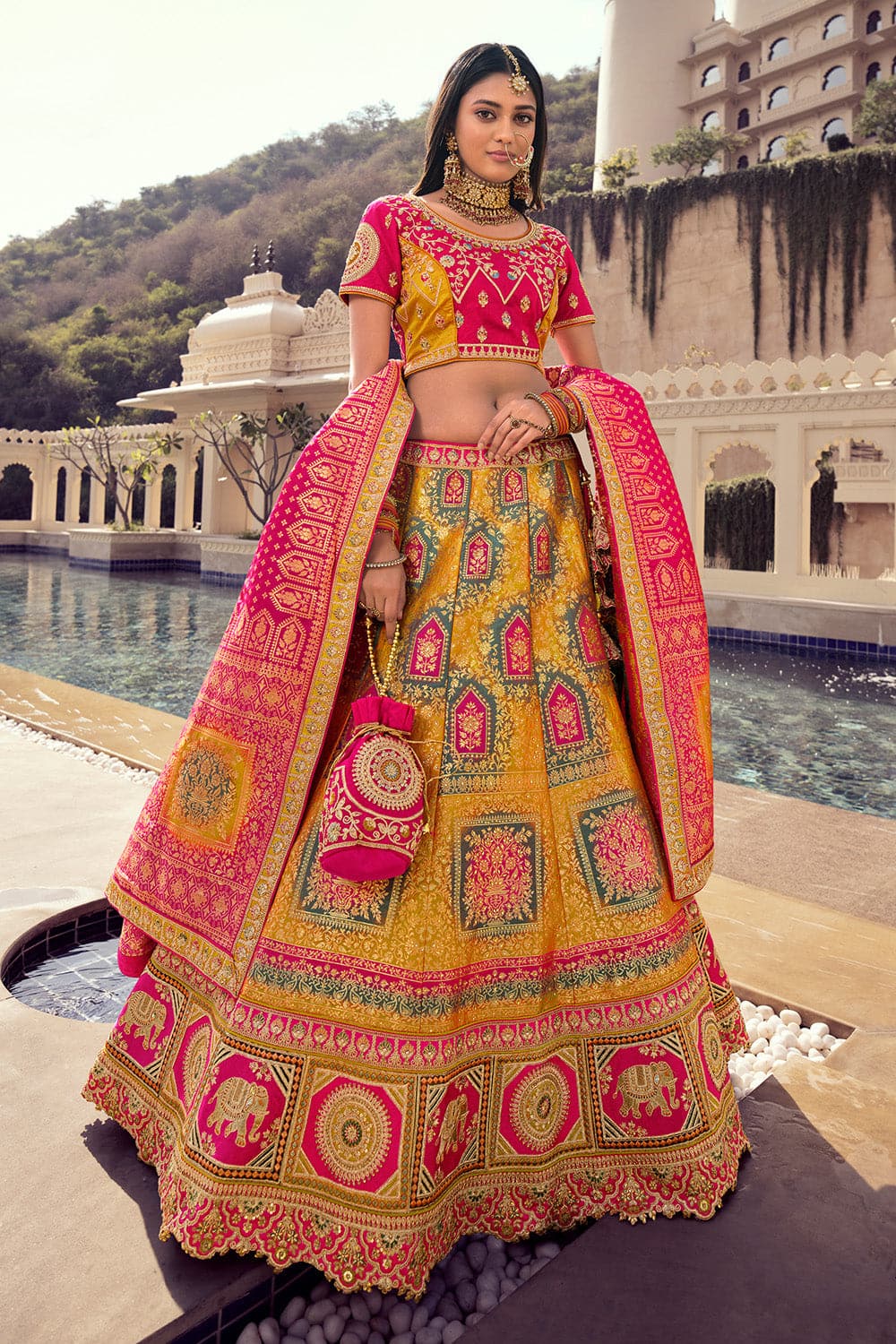 Mustard Yellow And Pink Designer Bridal Lehenga Choli
