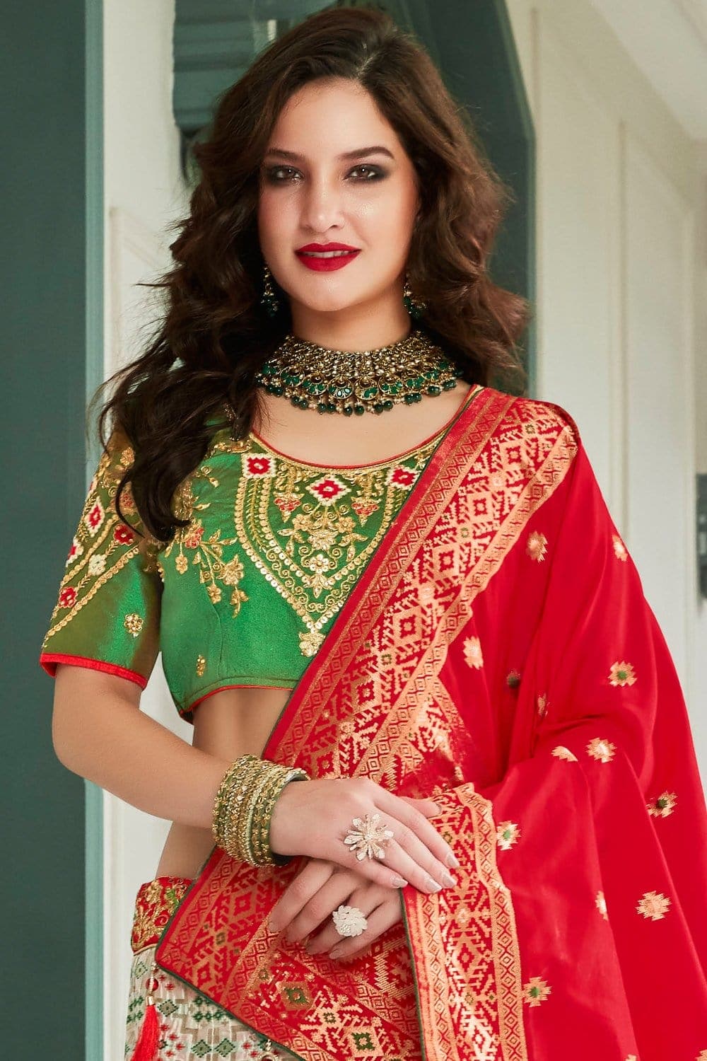 Rama Green Embroidered Stitched Lehenga Saree with Blouse Piece |  Inddus.com.