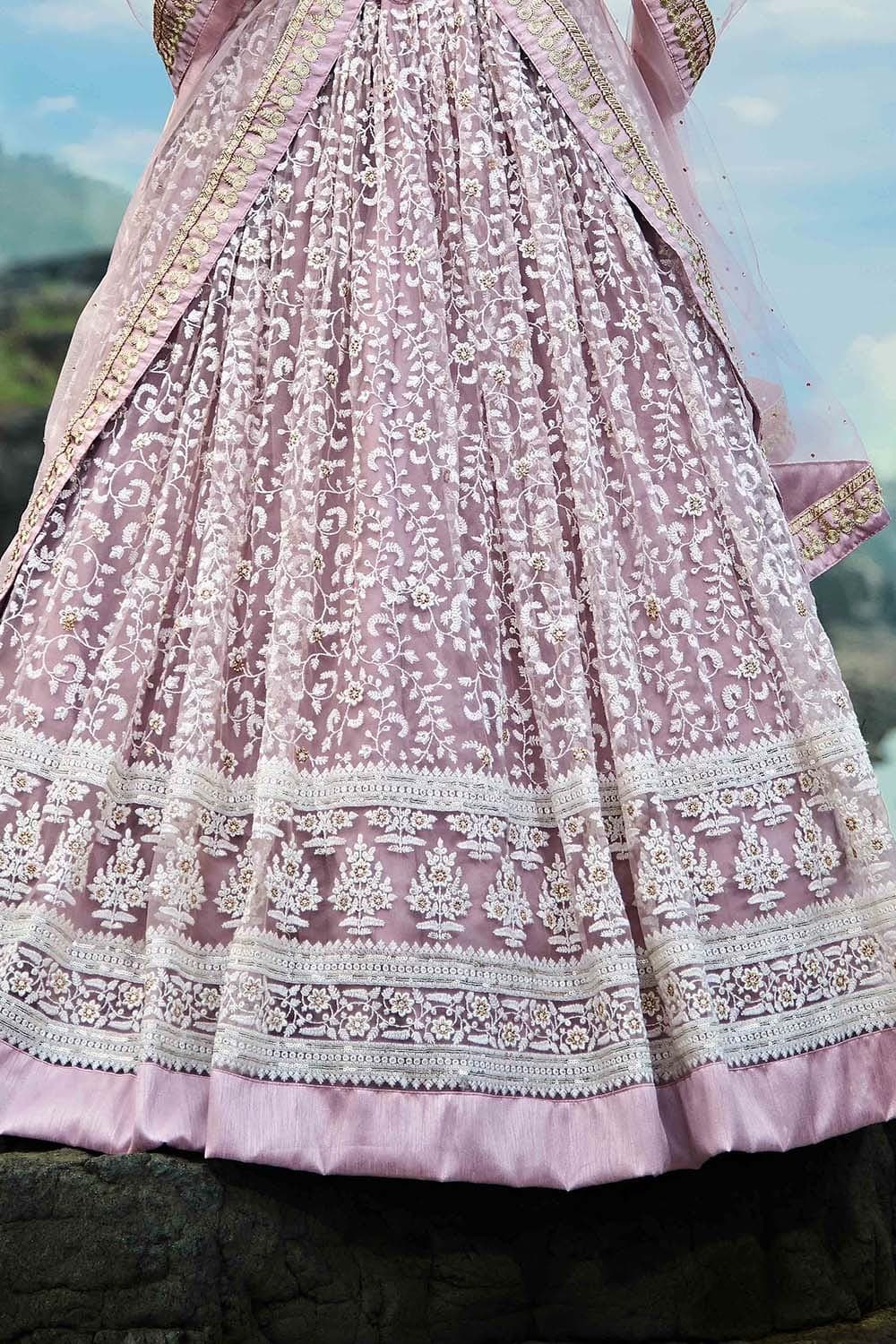 Lehenga Lilac Purple Embroidered Soft Net Lehenga saree online