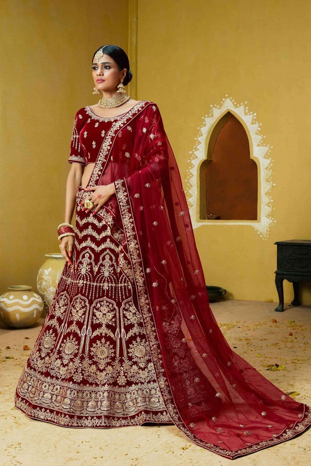 Designer Exclusive Maroon Heavy Embroidered Women Semi Velvet Bridal Wear Lehenga  Choli - CRAZYCLOTHS
